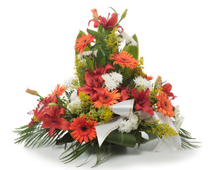 Funeral flowers arrangement made of Lily, Chrysanthemum and Gerb