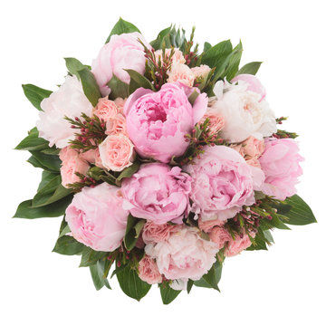 Bouquet made of Peony, Rose and Lilac flowers seen from above.