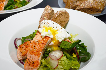 Salmon Salad with Egg Benedict, served with baguette