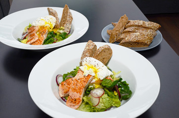 Salmon Salad with Egg Benedict, served with baguette