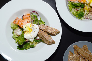 Salmon Salad with Egg Benedict, served with baguette