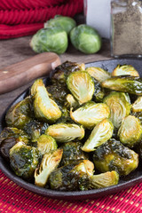 Roasted Brussels Sprouts in cast iron dish