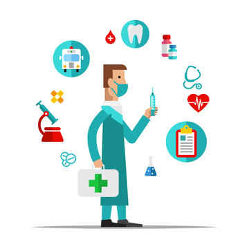 Doctor, Health care, medical items. Flat style vector