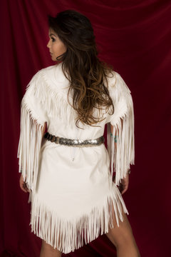 Native American Woman In White On Red Back With Fringe