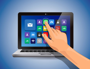 Realistic laptop Isolated with apps icons and touch hand.