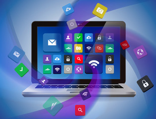 Laptop waves and cloud of apps. Connect, download information.