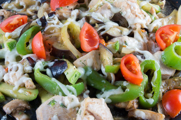 salad of tomato, pepper, olive and meat