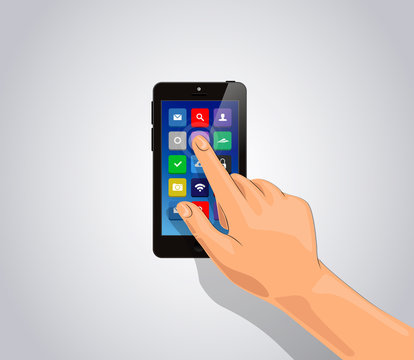 Realistic smart phone Isolated with apps icons and touch hand.