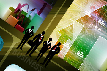 finance pie and bar chart graphs with growing arrow