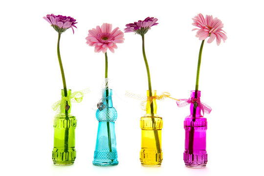 Gerber flowers in colorful vases
