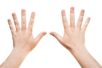 male hands, palms down, isolated on white background