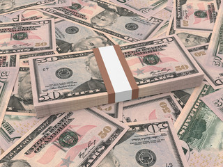 Bundle of fifty dollars bank notes on the background.