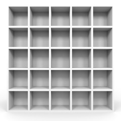 Empty bookshelf on white.