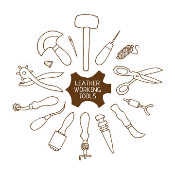 Hand drawn Leather working tools vector illustration