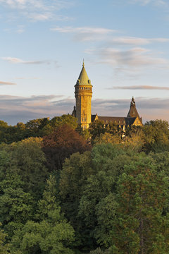 Luxembourg, Luxembourg City, Overlooking the Petrusse valley on the landmark Tower of Musee de la Banque in the evening light