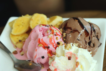 Ice cream mix chocolate strawberry  and banana ,cherry fruit