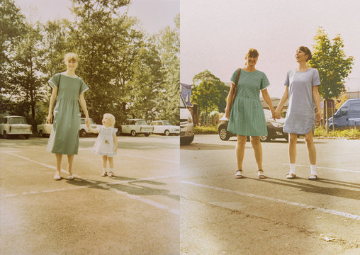 Mother and daughter in now and then photos, standing hand in hand in parking lot