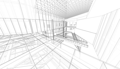 Perspective 3D render of building wireframe - Vector illustration