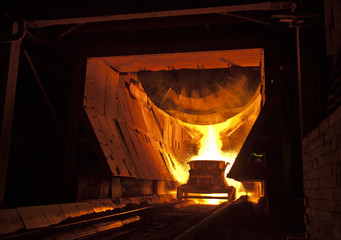 Hot steel pouring in steel plant