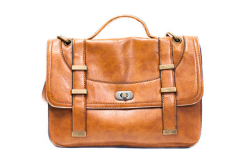brown female leather bag isolated on white background.