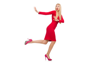 Woman in elegenat long red dress isolated on white