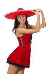 Woman wearing red sombrero isolated on white