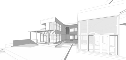 Perspective 3D render of building wireframe.