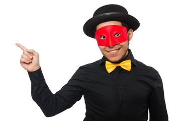 A man wears red mask isolated on white