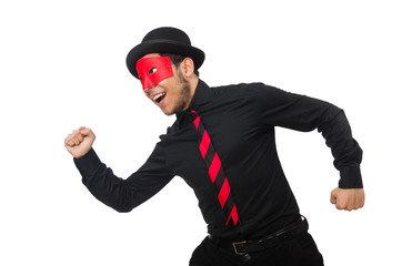 Young man with red mask isolated on white