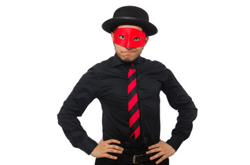 Young man with red mask isolated on white