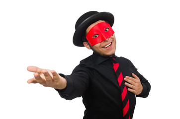 Young man with red mask isolated on white