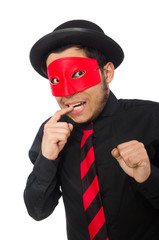 Young man with red mask isolated on white