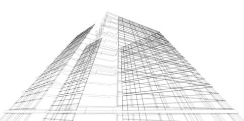 Perspective 3D render of building wireframe.