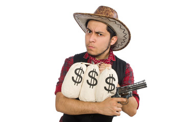 Young cowboy with gun and money bags isolated on white