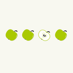 Green apple set in a row Whole and half  heart seed Flat 