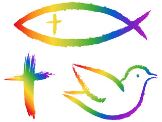 3 christliche Symbole in Regenbogenfarben: Kreuz, Fisch, Taube - 79995246
