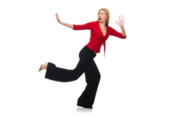 Young woman in flared pants isolated on white