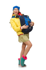 A girl in bright winter clothes isolated on white