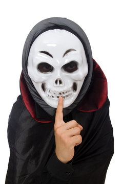Man in horror costume with mask isolated on white