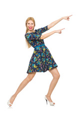 Fototapeta premium Woman in dark blue floral dress isolated on white