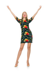Woman in dark green floral dress isolated on white