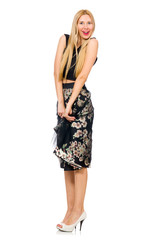 Woman in floral dark skirt isolated on white