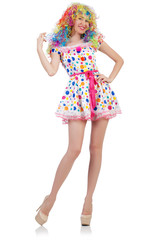 Woman in polka-dot dress isolated on white