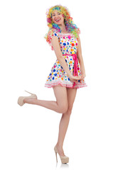 Woman in polka-dot dress isolated on white