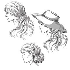 Girl with different hairstyles. Profile view. girl in a hat