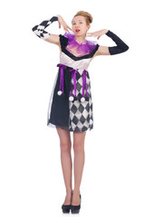 A girl in harlequin costume isolated on white
