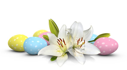 Easter lilies and pastel eggs painted with spots