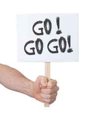 Hand holding sign, isolated on white