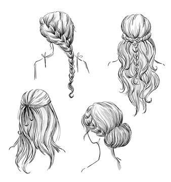 set of different hairstyles. Hand drawn. Black and white