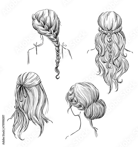 "set of different hairstyles. Hand drawn. Black and white 